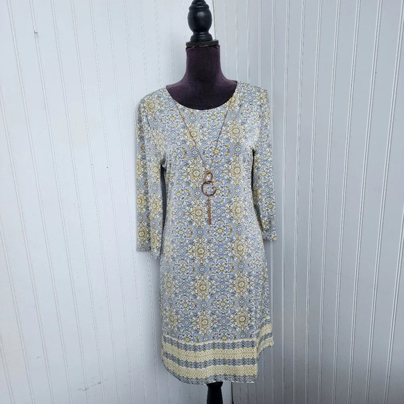 Tacera Dress Womens Sz PM Petite Medium Shift Necklace Gray Yellow Geo Print - Picture 1 of 14